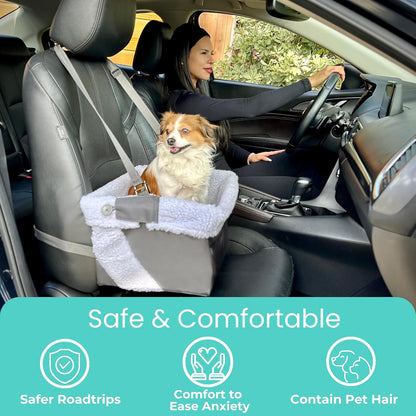 Blue Dog Booster Seat - Washable, Adjustable, Collapsible Pet Travel Carrier Bed - Safety Seat Belt Tether for Small Dogs, Puppies, and Pets up to 18 Lbs