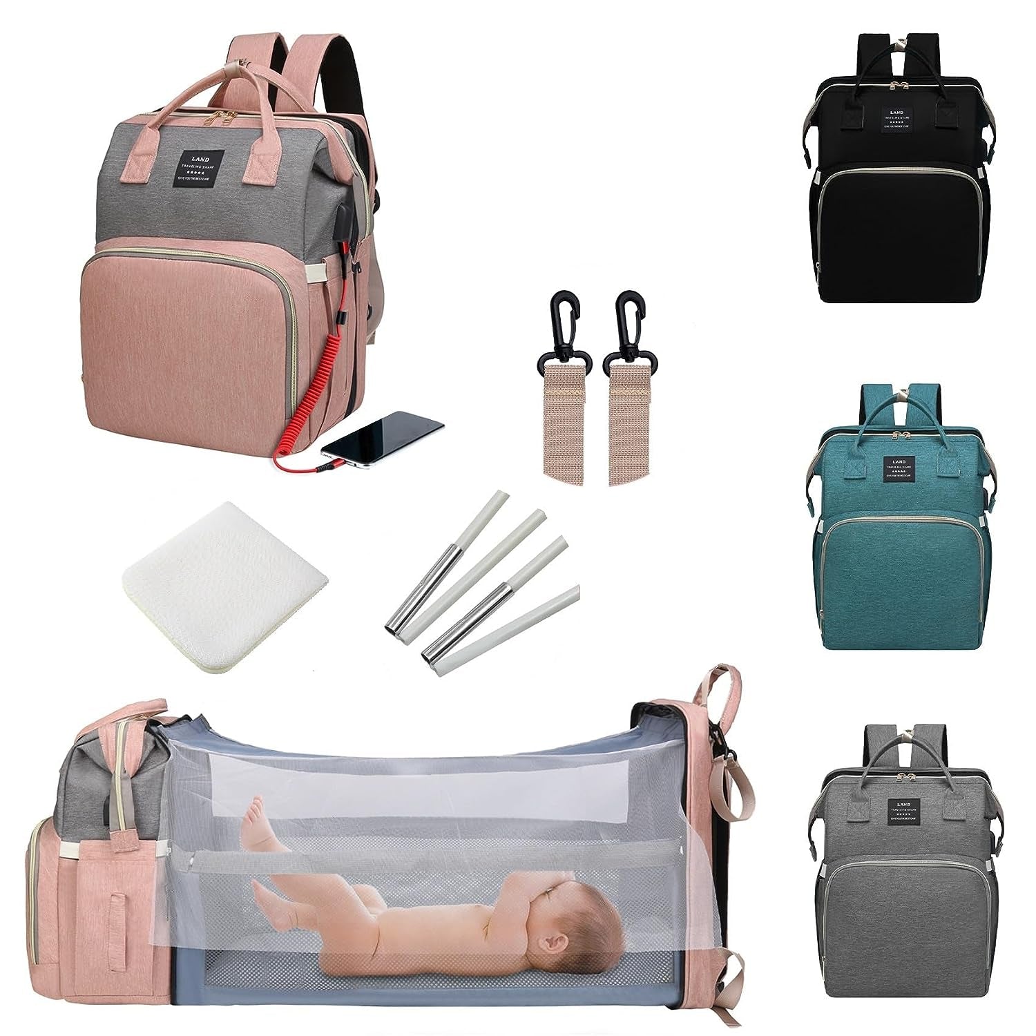 Professional Baby Diaper Backpack with Changing Station, Waterproof Design, USB Charging Port, and Spacious Multifunctional Storage for Parents (Pink-Grey)