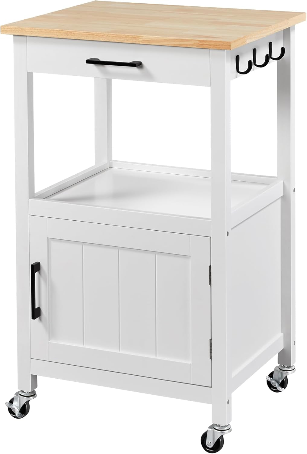 Rolling Kitchen Island Cart with Storage and Drawer, Features Wood Top and 6 Side Hooks, White Finish