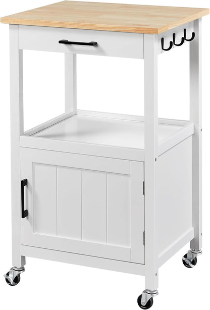 Rolling Kitchen Island Cart with Storage and Drawer, Features Wood Top and 6 Side Hooks, White Finish