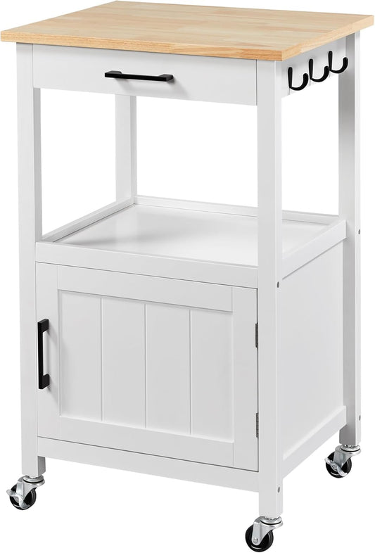 Rolling Kitchen Island Cart with Storage and Drawer, Features Wood Top and 6 Side Hooks, White Finish