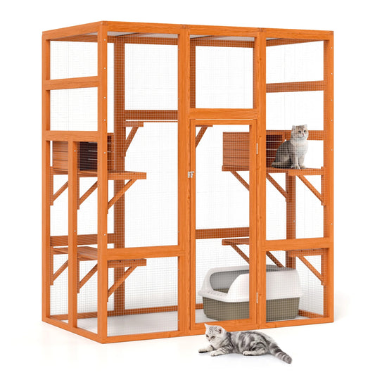 Large Wooden Cat Enclosure Catio Cat Cage Outdoor Pet House Small Animal Hutch, Orange