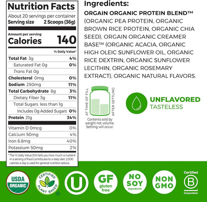 Organic Vegan Protein Powder, Natural Unsweetened - 21G of Plant Protein, 4G Prebiotic Fiber, Low Net Carbs, No Lactose Ingredients, No Added Sugar, Non-Gmo, for Shakes & Smoothies, 1.59 Lb