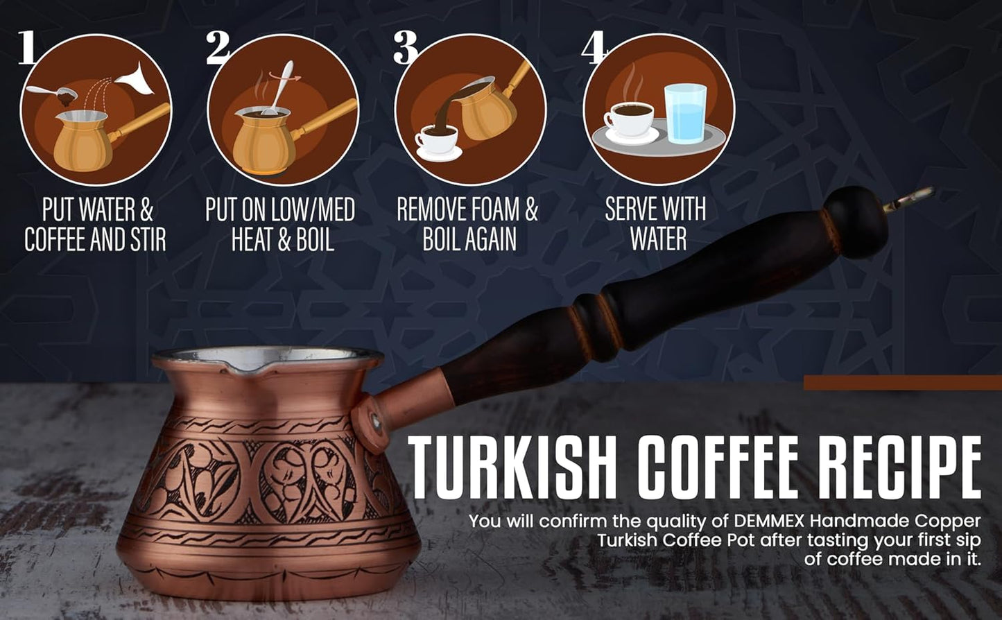Thickest Copper Turkish Greek Arabic Coffee Pot, Stovetop Coffee Maker, Cezve Ibrik Briki with Wooden Handle & Spoon, Hand Engraved (Matte Copper, 9 Ounces)