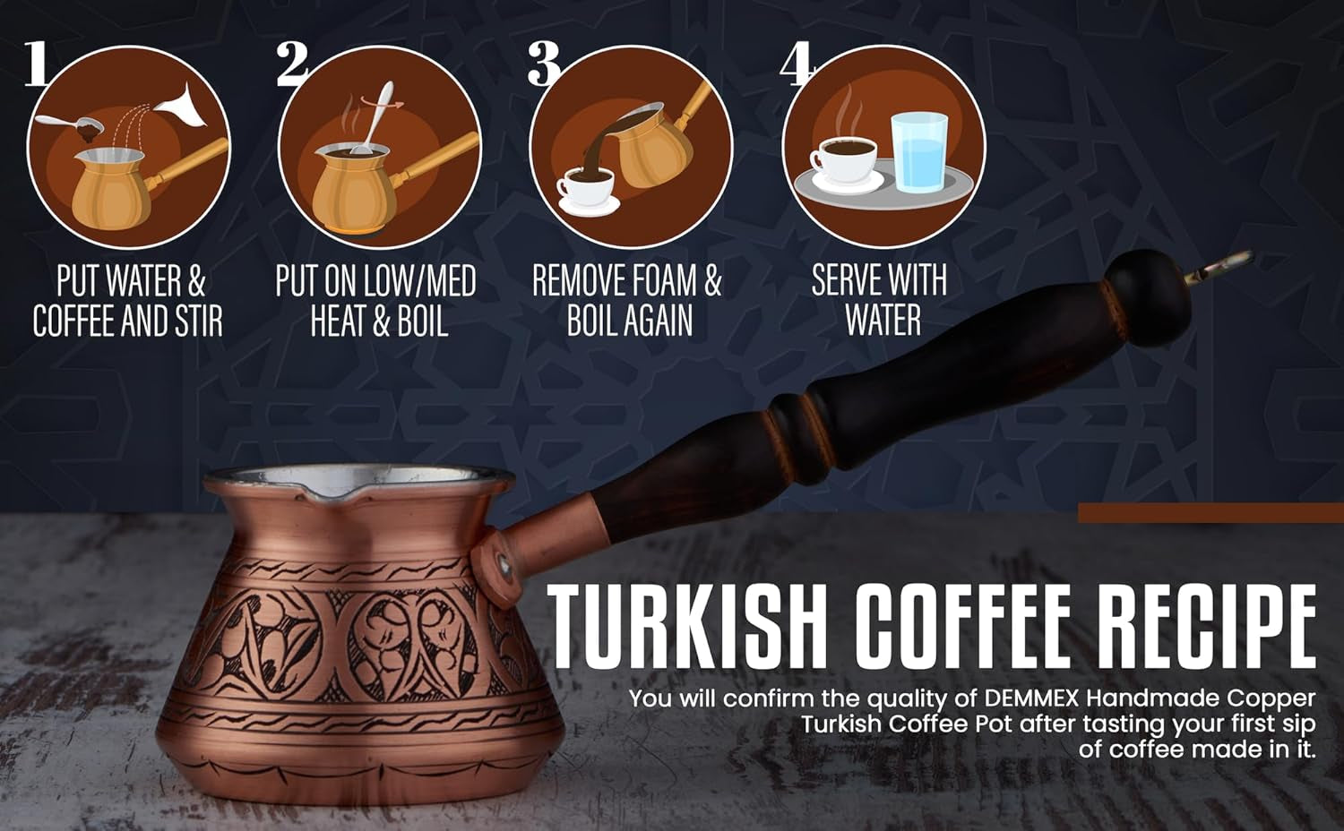 Thickest Copper Turkish Greek Arabic Coffee Pot, Stovetop Coffee Maker, Cezve Ibrik Briki with Wooden Handle & Spoon, Hand Engraved (Matte Copper, 9 Ounces)