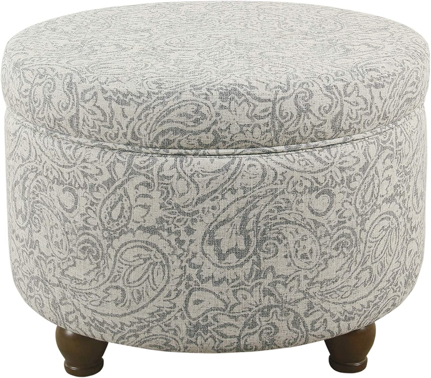 Upholstered Round Storage Ottoman for Living Room and Bedroom in Gray Floral Design