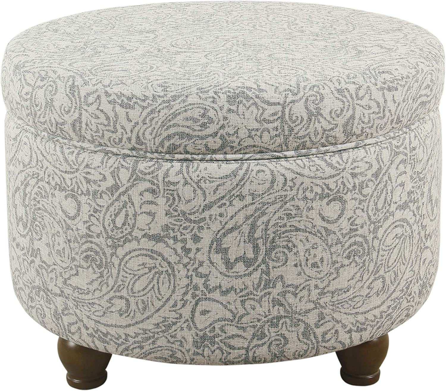 Upholstered Round Storage Ottoman for Living Room and Bedroom in Gray Floral Design