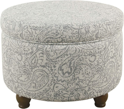 Upholstered Round Storage Ottoman for Living Room and Bedroom in Gray Floral Design