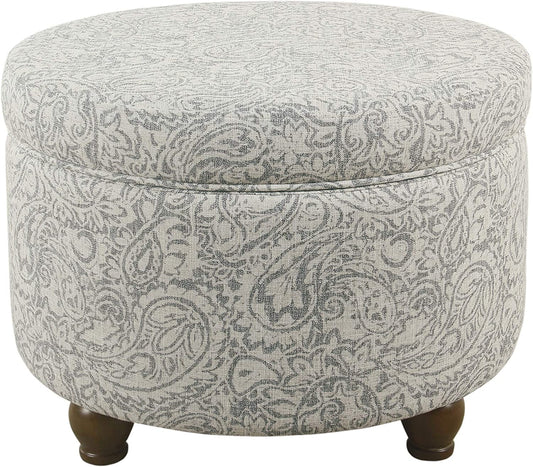 Upholstered Round Storage Ottoman for Living Room and Bedroom in Gray Floral Design
