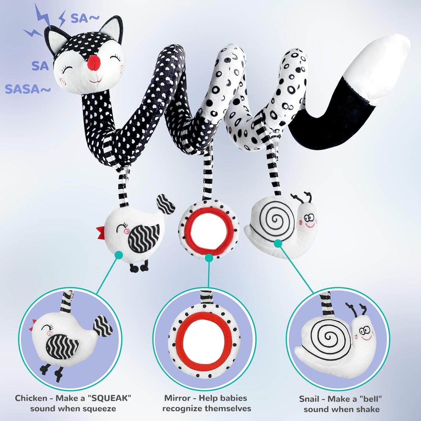High Contrast Black and White Plush Spiral Toys for Infants, Ideal Sensory Car Seat and Stroller Accessories for Newborns 0-12 Months