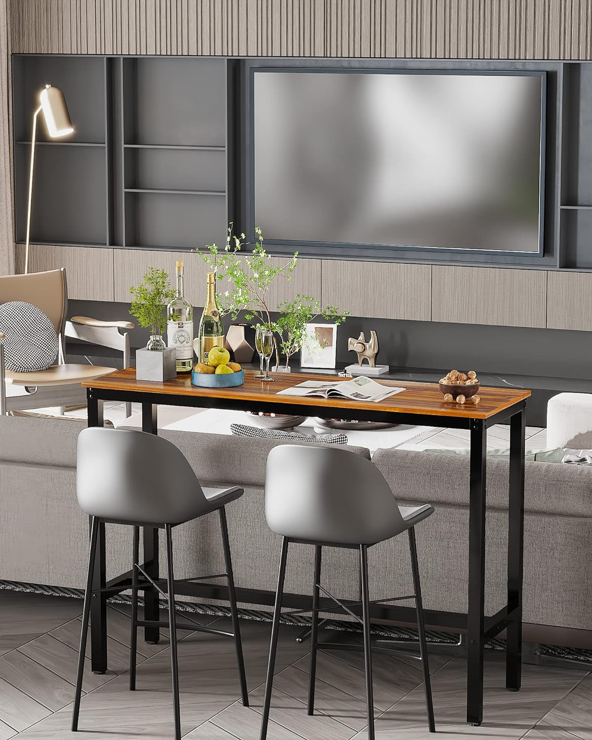 Rectangular Bar Height Pub Table with Sturdy Metal Frame, 47.24" Teak Finish for Kitchen, Dining, and Living Room