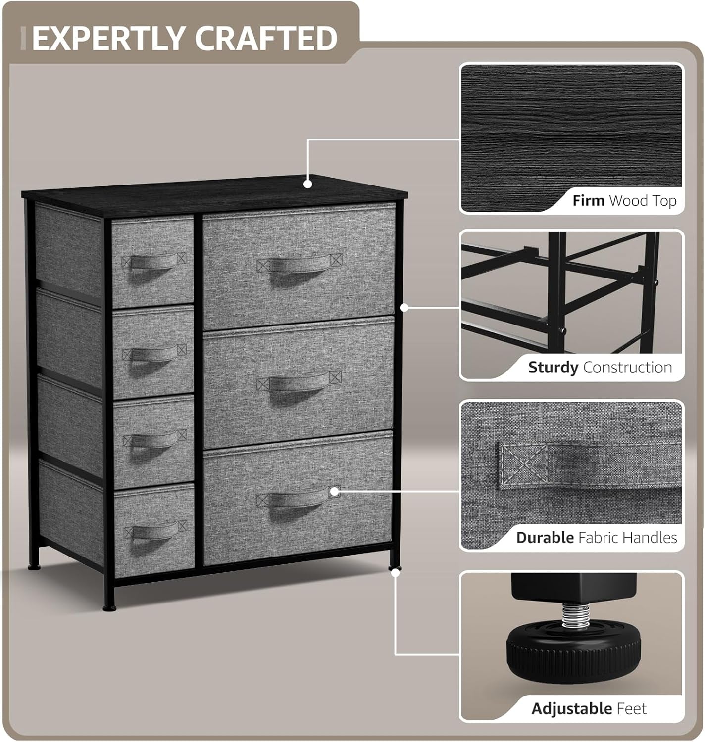 7-Drawer Dresser - Multi-Functional Chest Organizer with Steel Frame, Wooden Top, and Fabric Bins for Bedroom, Hallway, Closet, and Office Storage Solutions