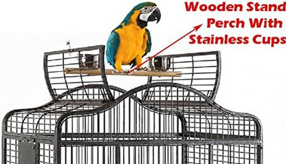 New Large Wrought Iron Open/Close Play Top Bird Parrot Cage, Include Metal Seed Guard Solid Metal Feeder Nest Doors (28" W X 22" D X 59" H Black Vein)