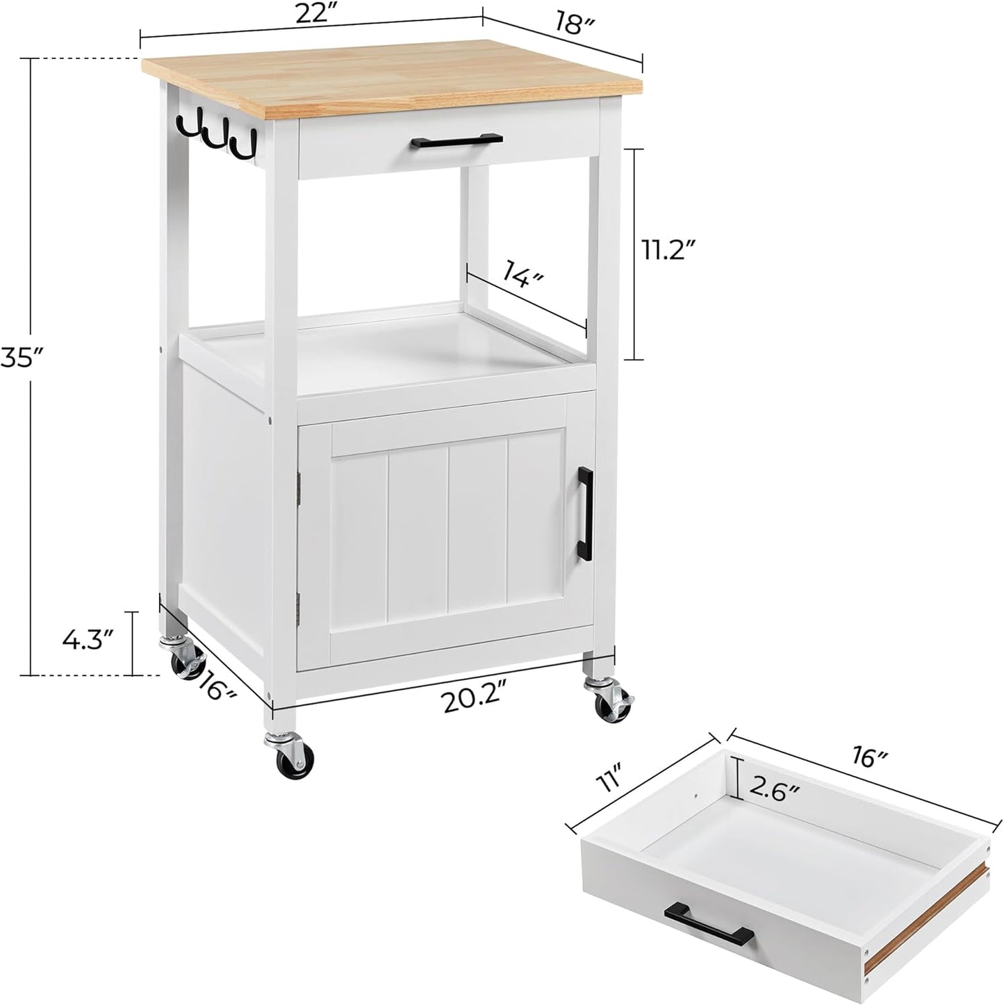 Rolling Kitchen Island Cart with Storage and Drawer, Features Wood Top and 6 Side Hooks, White Finish