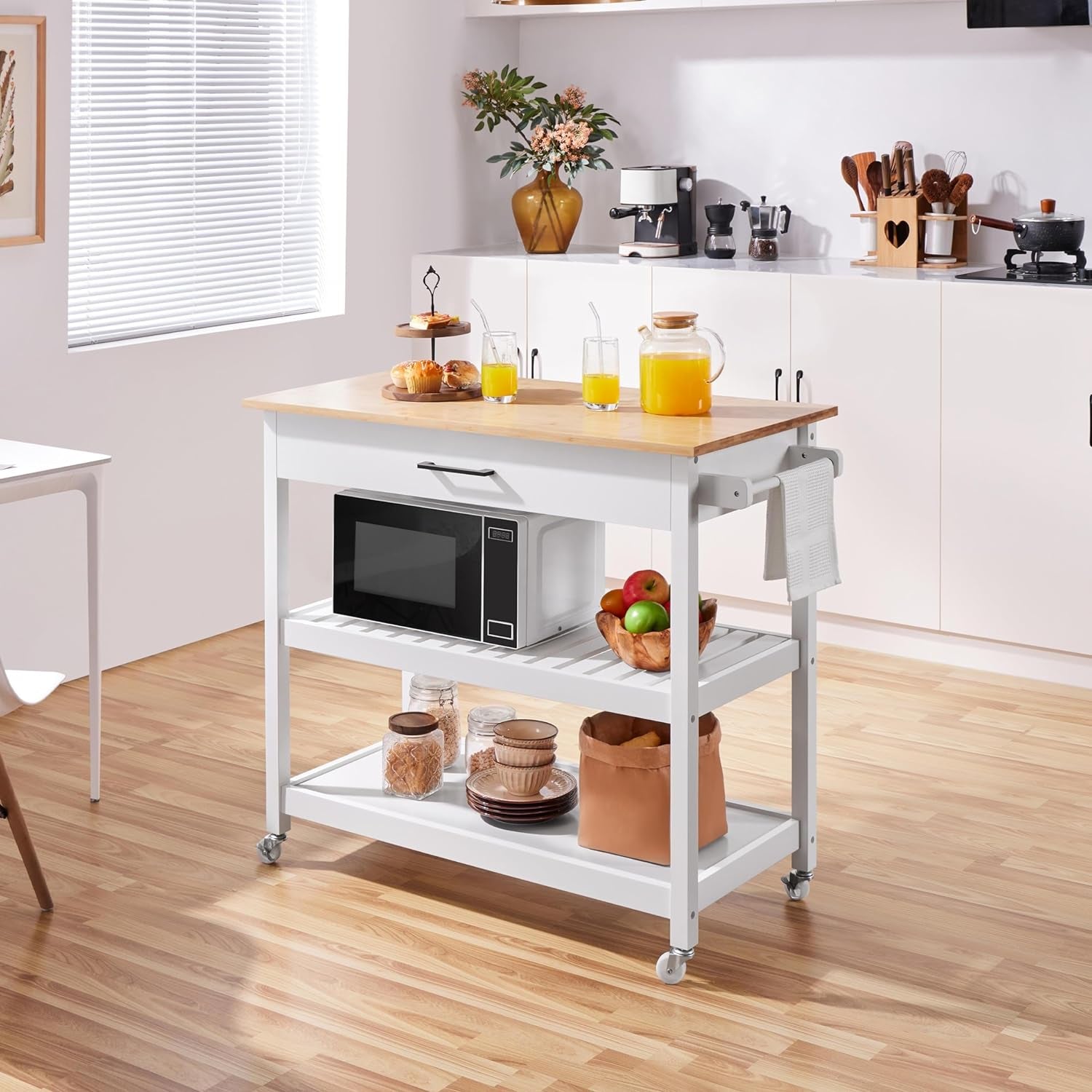40-Inch Wide Rolling Kitchen Island Cart with Solid Wood Top, Drawer, and 2 Spacious Storage Shelves - Versatile Utility Trolley for Dining Room, White