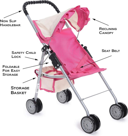 Elegant Doll Stroller with Basket - Pink and Off-White Foldable Stroller for Dolls up to 18 Inches, Featuring Two Complimentary Magic Bottles