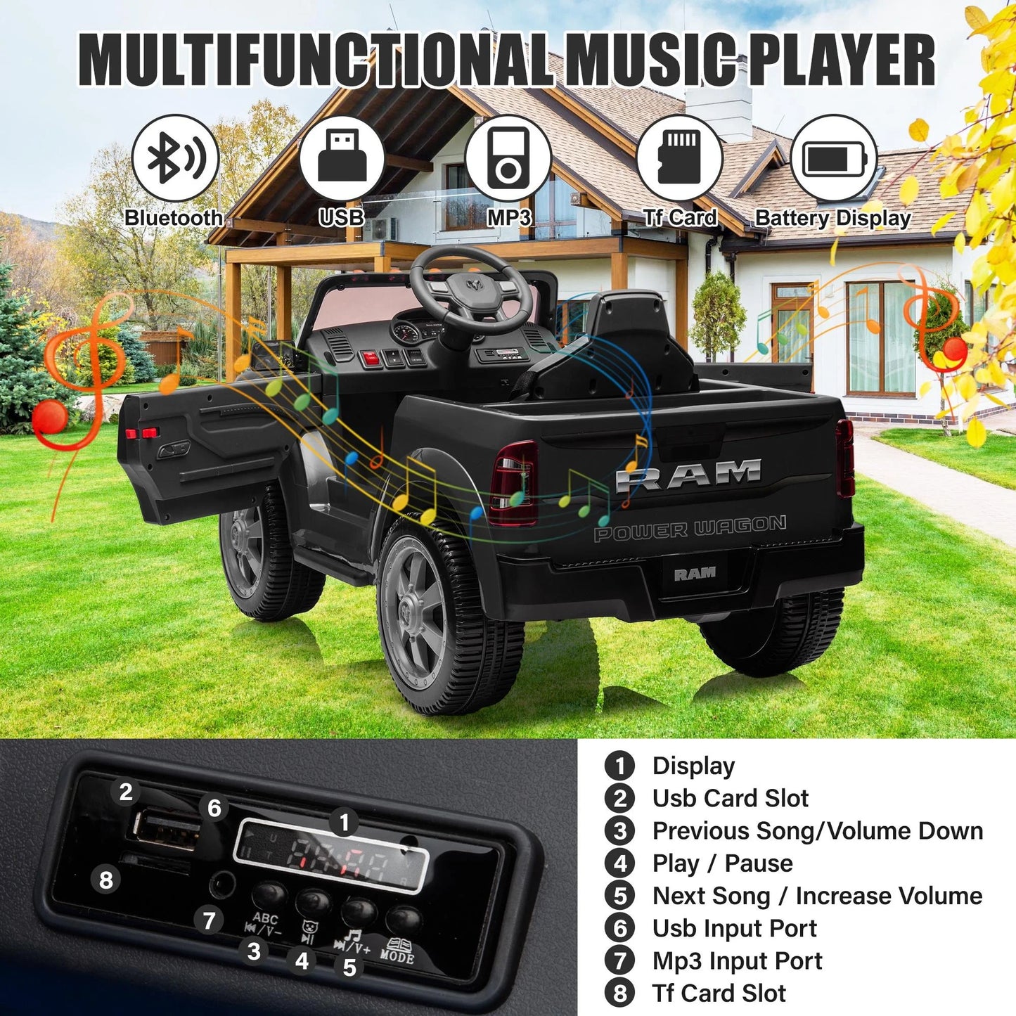 Dodge RAM 12V Electric Ride-On Car with Remote Control, Rear Wheel Suspension, 5-Point Safety Belt, MP3 Player, Bluetooth, LED Lights - Ideal for Children Ages 3-8, Black