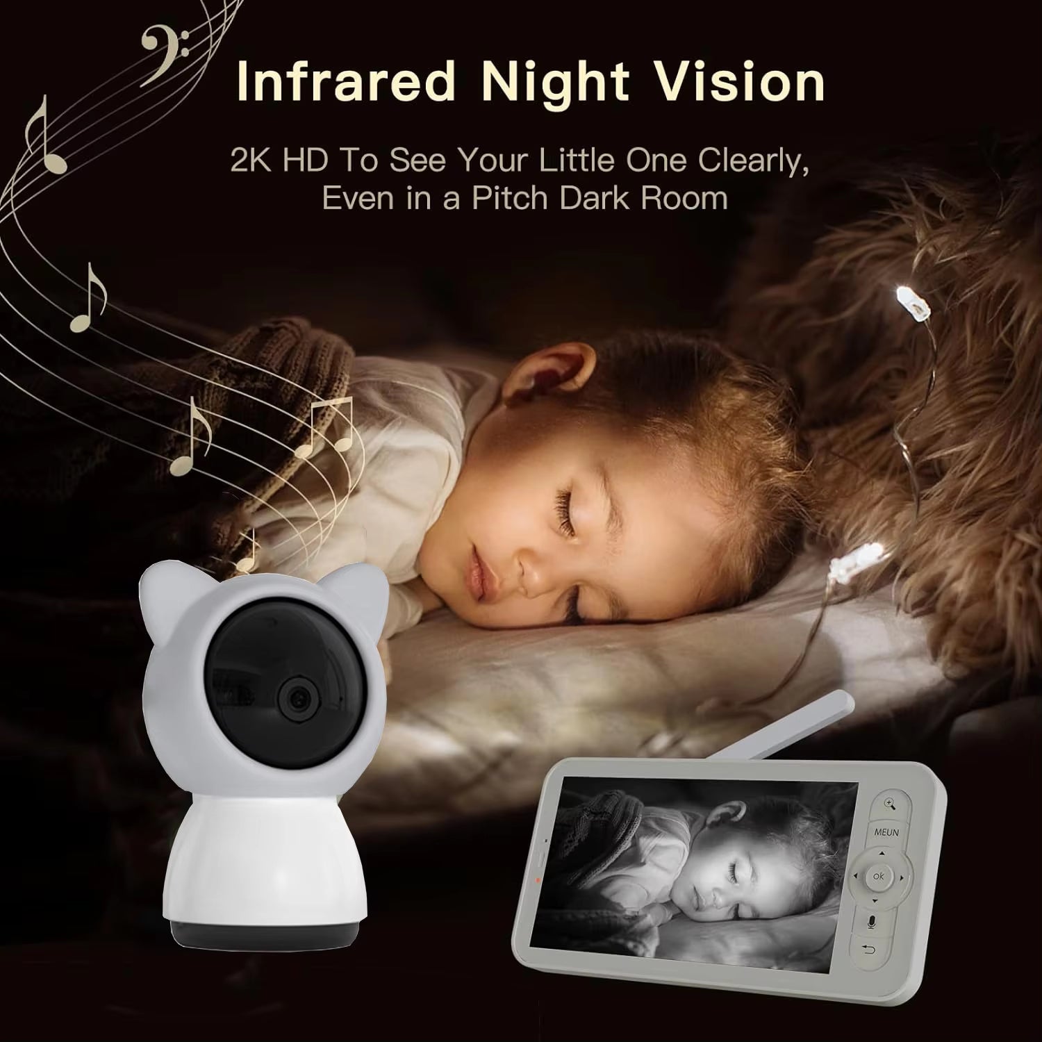 5-Inch 3MP Wireless Baby Monitor with Night Vision, Pan-Tilt-Zoom Functionality, Lullabies, and Environmental Sensors for Temperature and Humidity Monitoring