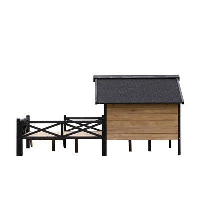 66" Outdoor Dog House, Large Wooden Dog Kennel with Porch, Cabin House Style Pet Houses for Cats, Brown