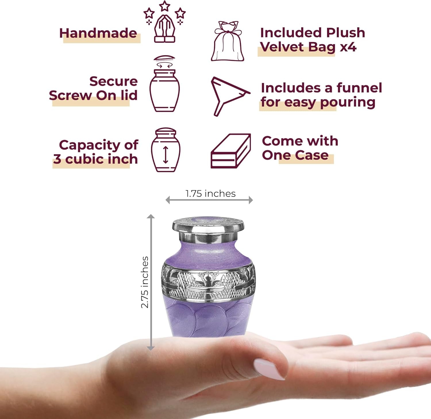 Small Urns for Human Ashes Keepsake, Decorative Mini Cremation Urn for Adult Men & Women, Set of 4, Purple with Silver Lining