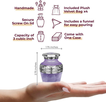 Small Urns for Human Ashes Keepsake, Decorative Mini Cremation Urn for Adult Men & Women, Set of 4, Purple with Silver Lining