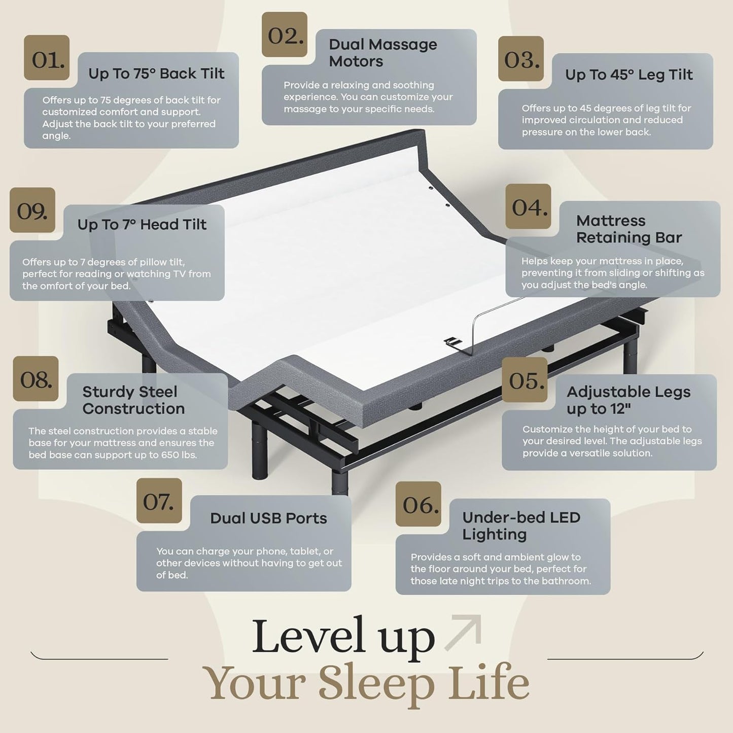 Harmony Adjustable Bed Base, Head and Foot Lift, Massage, Under-Bed Lights, USB, Memory, Zero Gravity Smart Frame - King