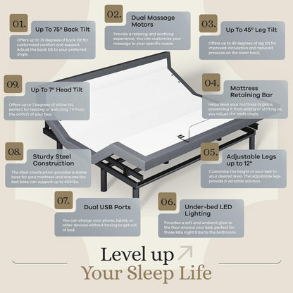 Harmony Adjustable Bed Base, Head and Foot Lift, Massage, Under-Bed Lights, USB, Memory, Zero Gravity Smart Frame - King