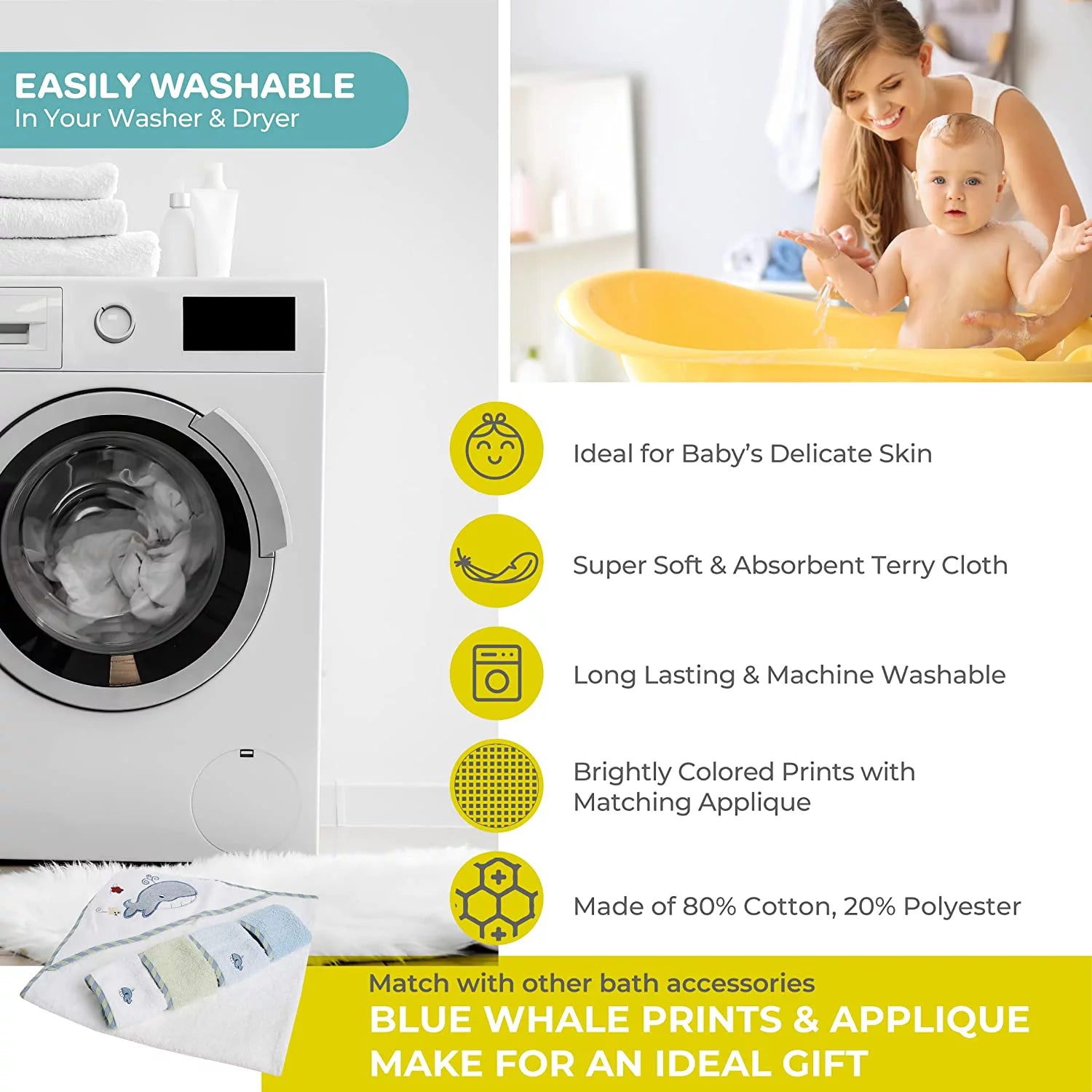 Infant Cotton Terry Hooded Towel and Washcloth Bath Set, 5-Piece, Blue Whale Theme