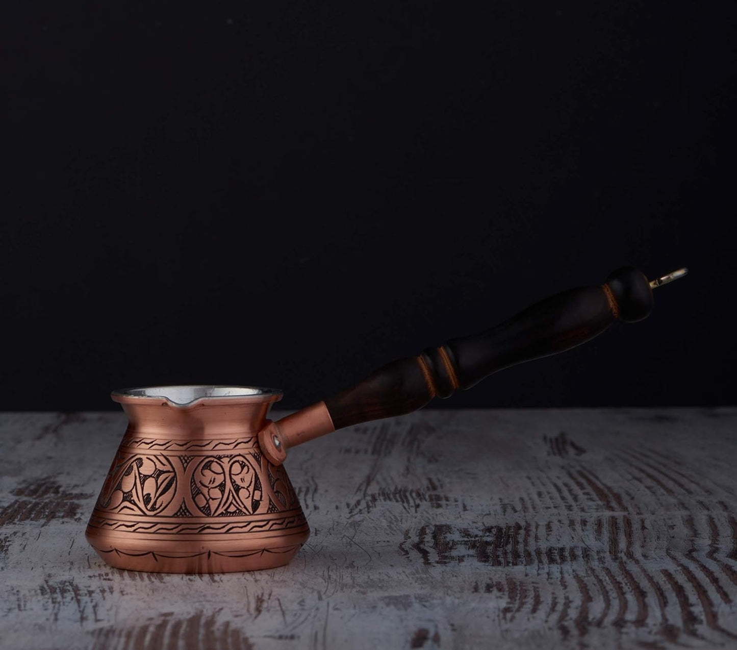 Thickest Copper Turkish Greek Arabic Coffee Pot, Stovetop Coffee Maker, Cezve Ibrik Briki with Wooden Handle & Spoon, Hand Engraved (Matte Copper, 9 Ounces)