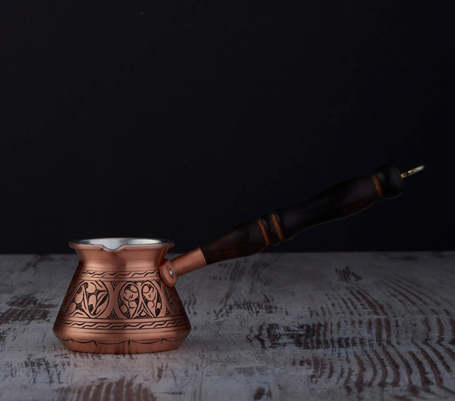 Thickest Copper Turkish Greek Arabic Coffee Pot, Stovetop Coffee Maker, Cezve Ibrik Briki with Wooden Handle & Spoon, Hand Engraved (Matte Copper, 9 Ounces)