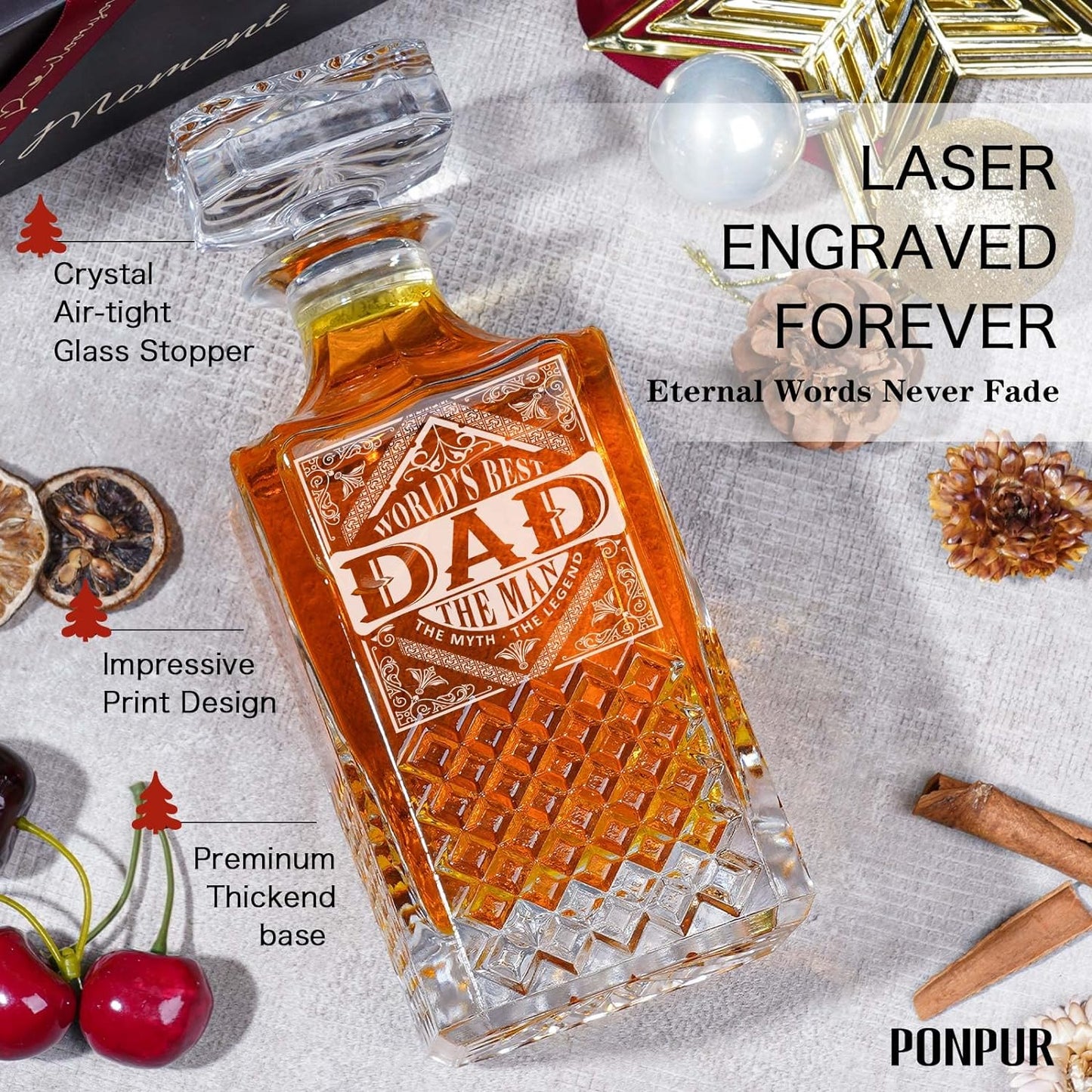 Gifts for Men Dad Stocking Stuffers, Whiskey Decanter Set with 2 Glasses, Unique Cool Dad Birthday Gift from Daughter Son, Best Christmas Retirement Present for Man Father