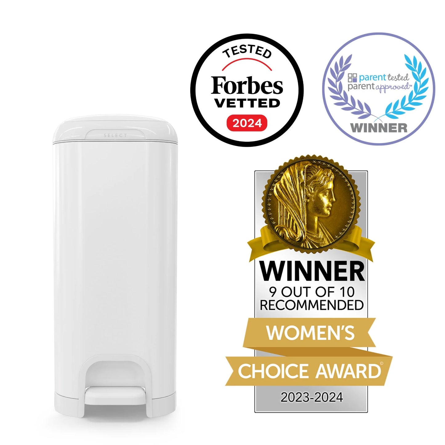 Platinum White Stainless Steel Diaper Disposal System with 18 Roll Bags for Infants