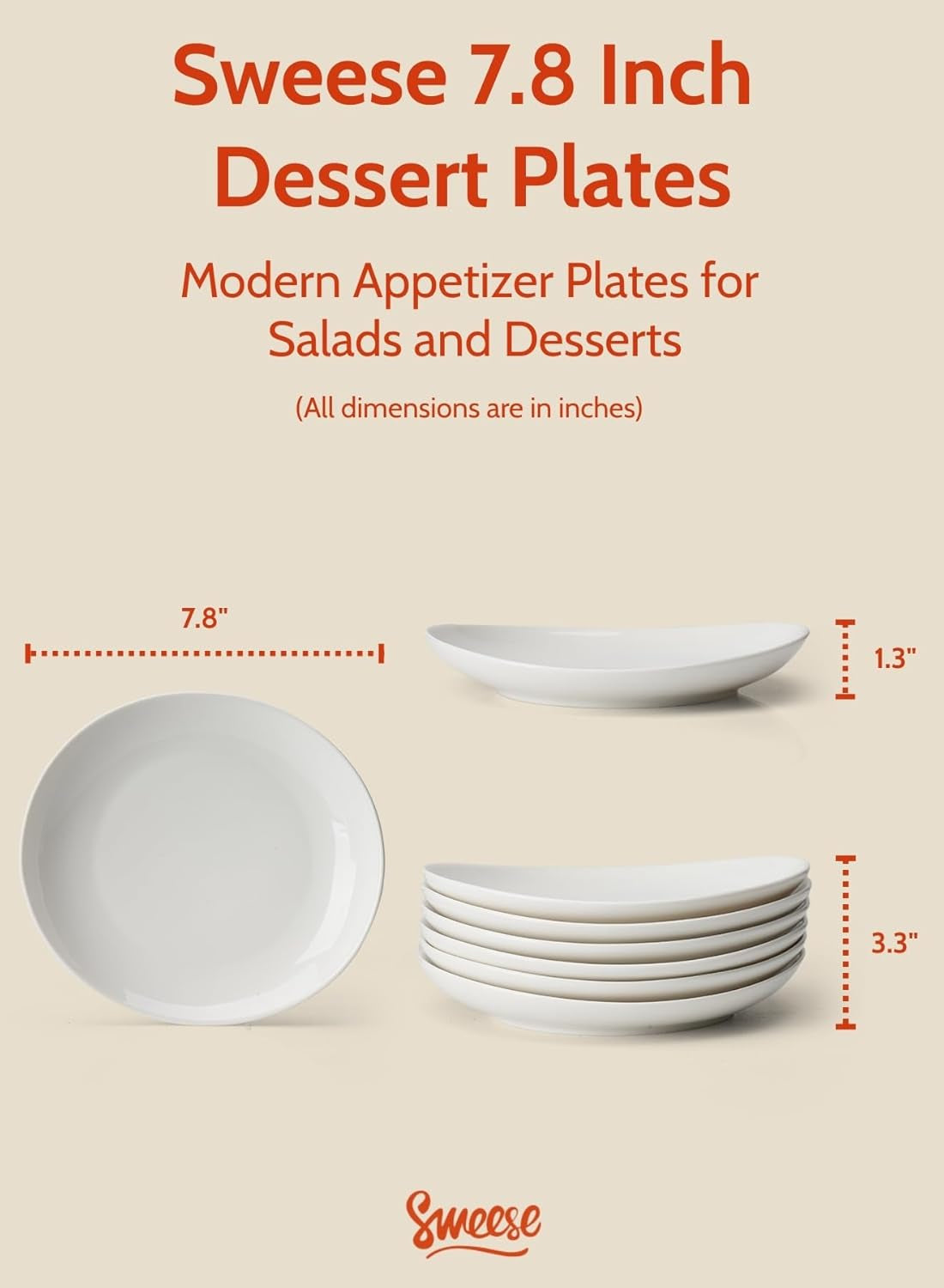 Porcelain 7.8 Inch Dessert Plates Set of 6 - White Salad Plates, Appetizer Plates, Small Plates - Dishwasher, Microwave, Oven Safe, Smooth Glaze, Scratch Resistant