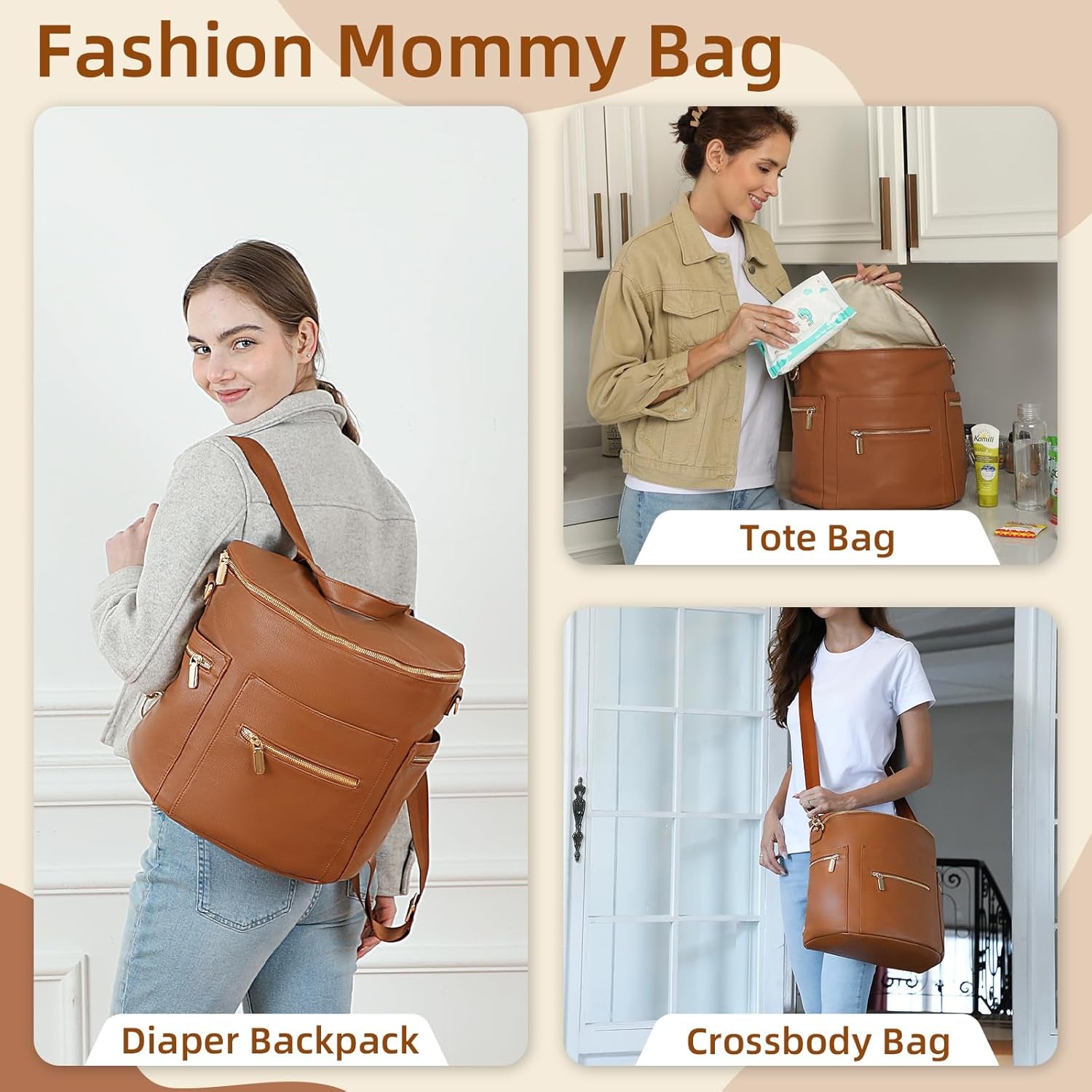 Luxury Leather Diaper Bag Backpack with Changing Pad, Stroller Straps, and Insulated Pockets - Convertible Design in Brown
