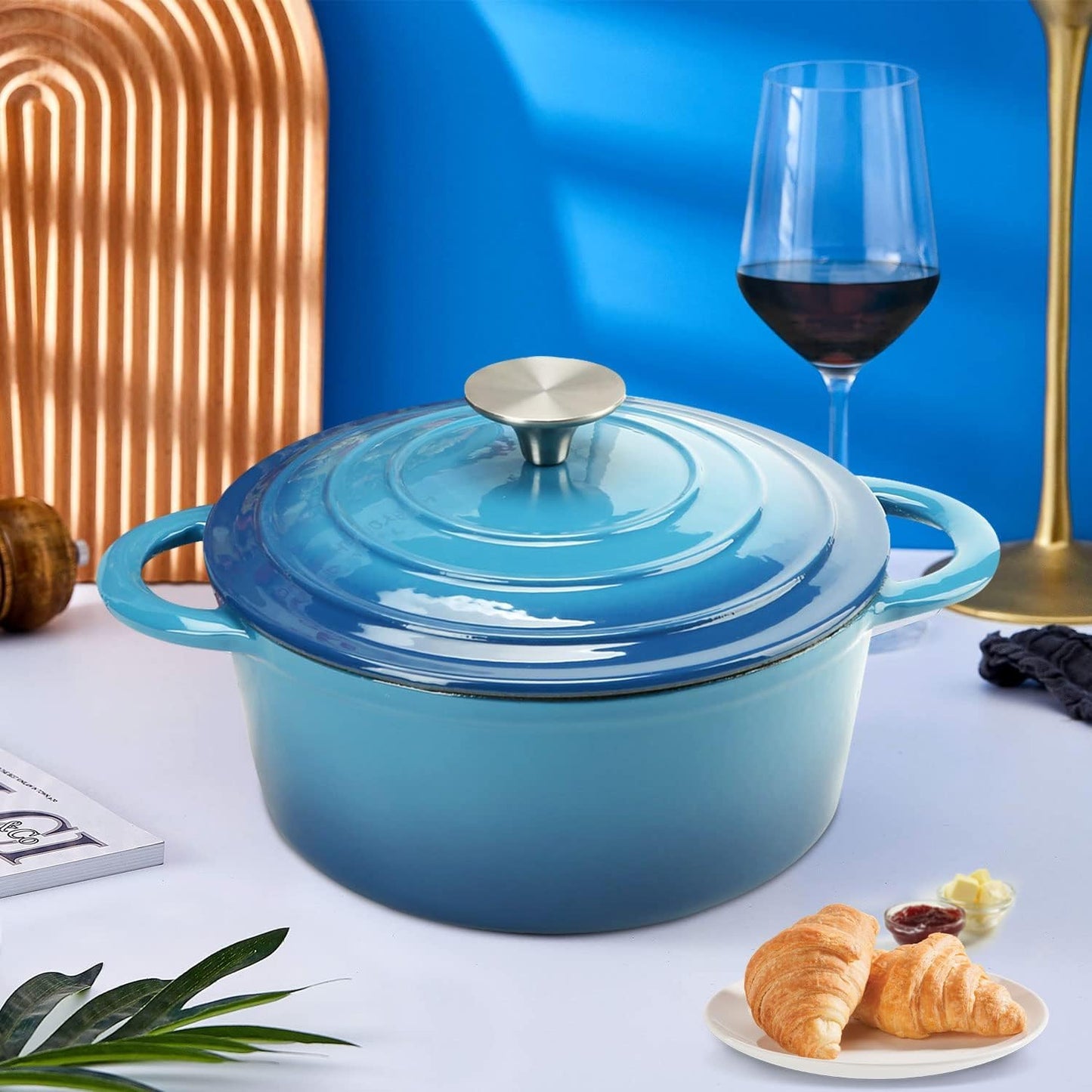 Enameled Cast Iron Dutch Oven with Lid, 3 Quart Heavy Duty Cookware Pot with Dual Handles for Bread Baking, Braising, Stews, Roasting and Oven Safe, Blue