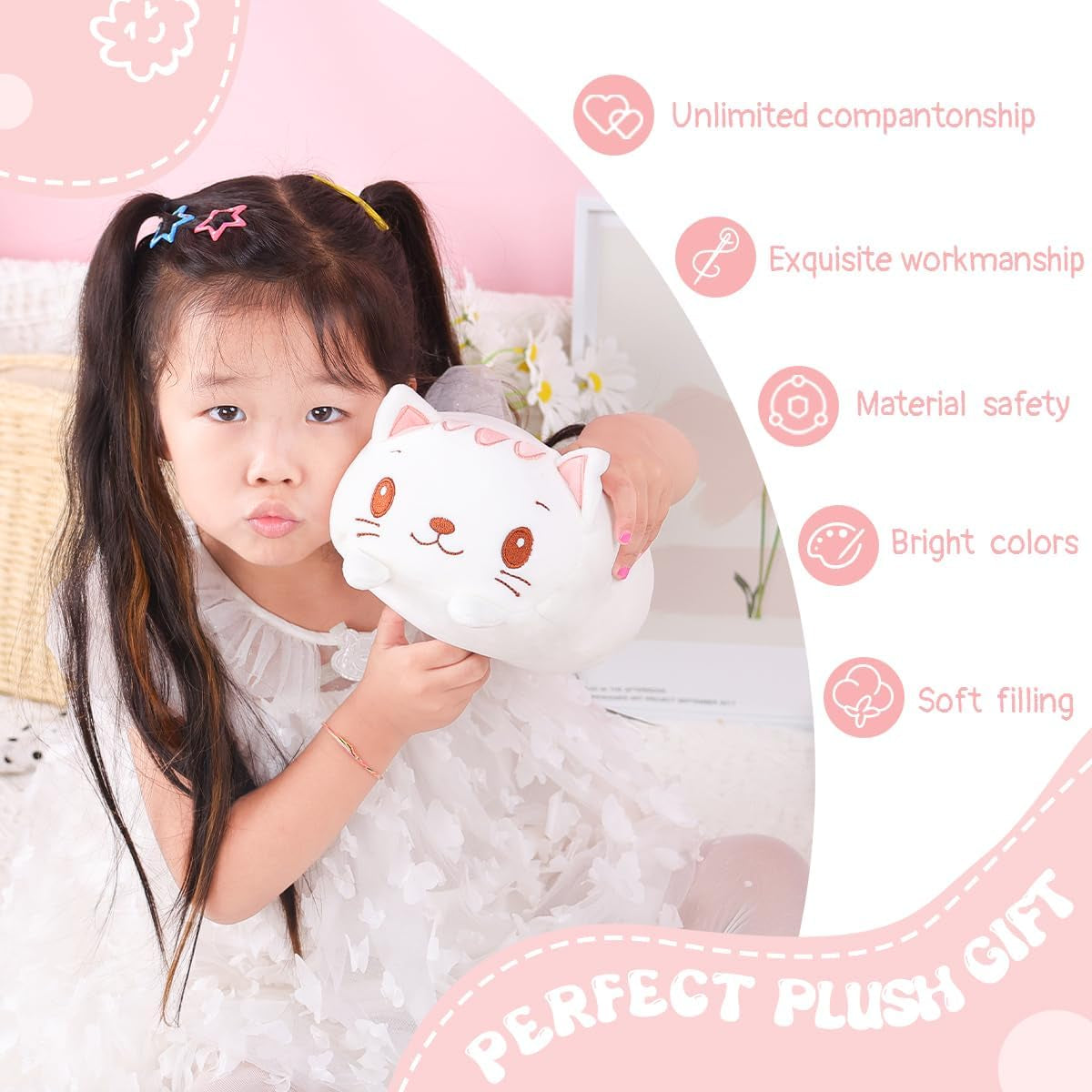 23.6-Inch Ultra-Soft Plush White Cat Cylindrical Body Pillow - Perfect Cartoon Hugging Companion