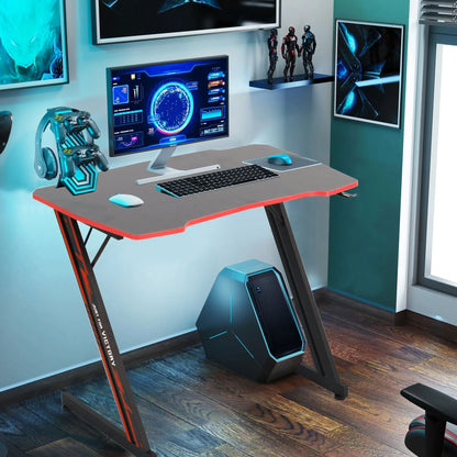 Ergonomic Z-Shaped Gaming Desk with Integrated Headphone Hook in Red