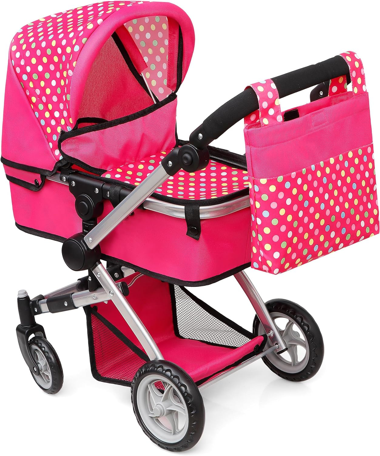 Foldable Baby Doll Stroller with Polka Dot Design, Swiveling Wheels, and Adjustable Handle