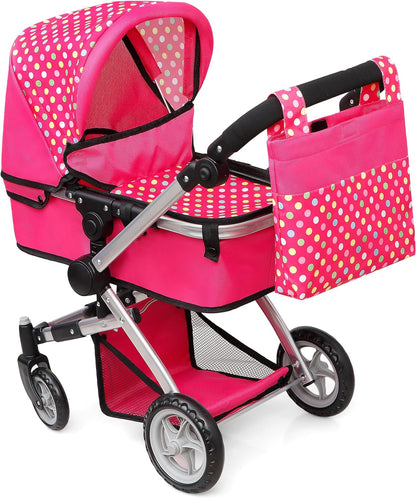 Foldable Baby Doll Stroller with Polka Dot Design, Swiveling Wheels, and Adjustable Handle