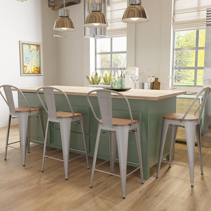 Set of 4 Metal Bar Stools, 24-Inch Counter Height with Backs, Farmhouse Design, Larger Seat, High Back Kitchen Dining Chairs, Modern Silver Bar Chairs