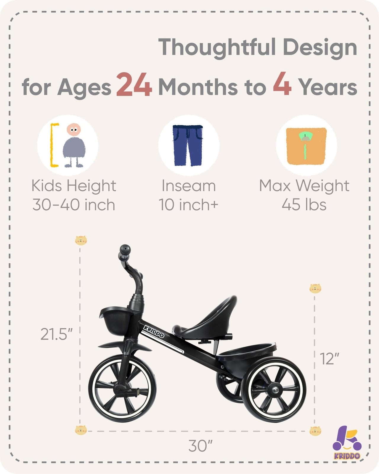 KRIDDO Kids Tricycle for 2-5 Year Olds - Gift for Toddlers - Black