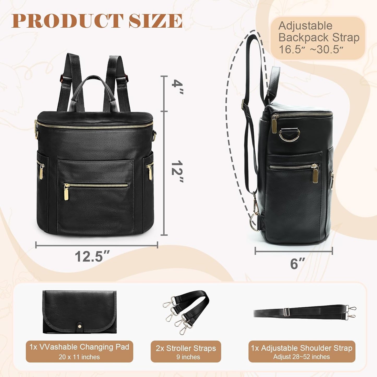 Premium Leather Diaper Backpack with 16 Pockets, Changing Pad, Stroller Straps, and Insulated Compartments - Convertible Design in Black