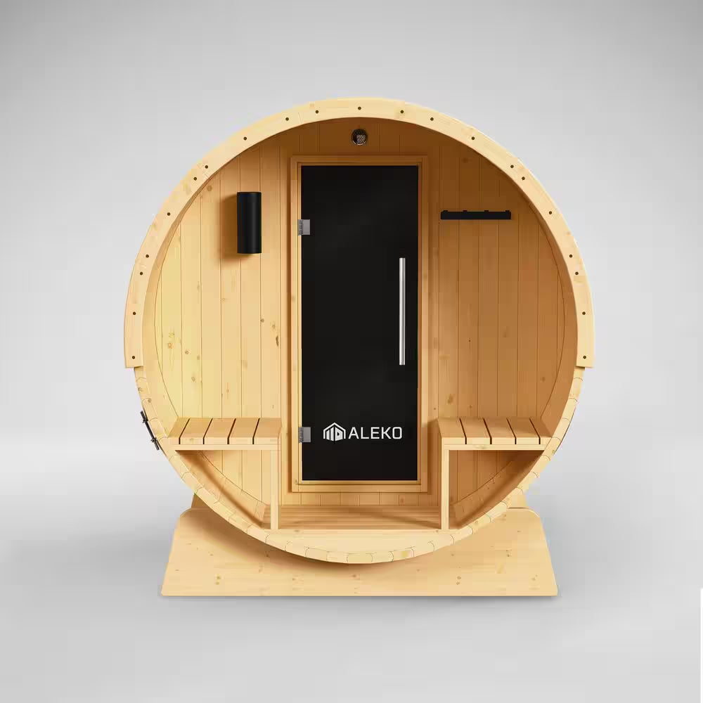 Finland Pine Wet/Dry Barrel Sauna for 3-5 Persons with Front Porch Canopy and 4.5 kW ETL Certified Bitumen Shingle Roof