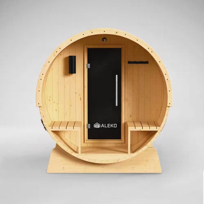 Finland Pine Wet/Dry Barrel Sauna for 3-5 Persons with Front Porch Canopy and 4.5 kW ETL Certified Bitumen Shingle Roof