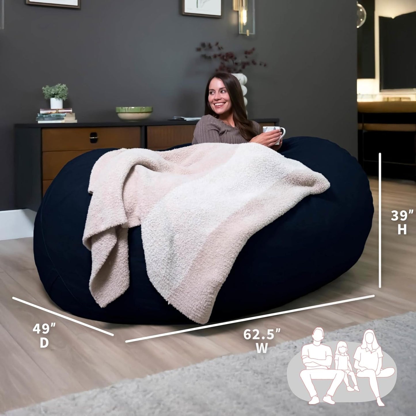 Fuf 6.5-Foot Foam Bean Bag Chair for Kids and Families, Perfect for Living Spaces and Basements, Cobalt Lenox, Durable Woven Polyester Construction