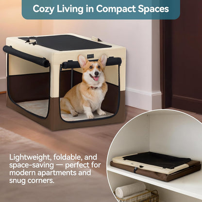 24" Indoor Soft Dog Crate – Adjustable Patented Spiral Steel Frame, Collapsible Portable Kennel for Home Use, Small Dogs, 3 Lockable Mesh Door, Thicken Mat, Brown