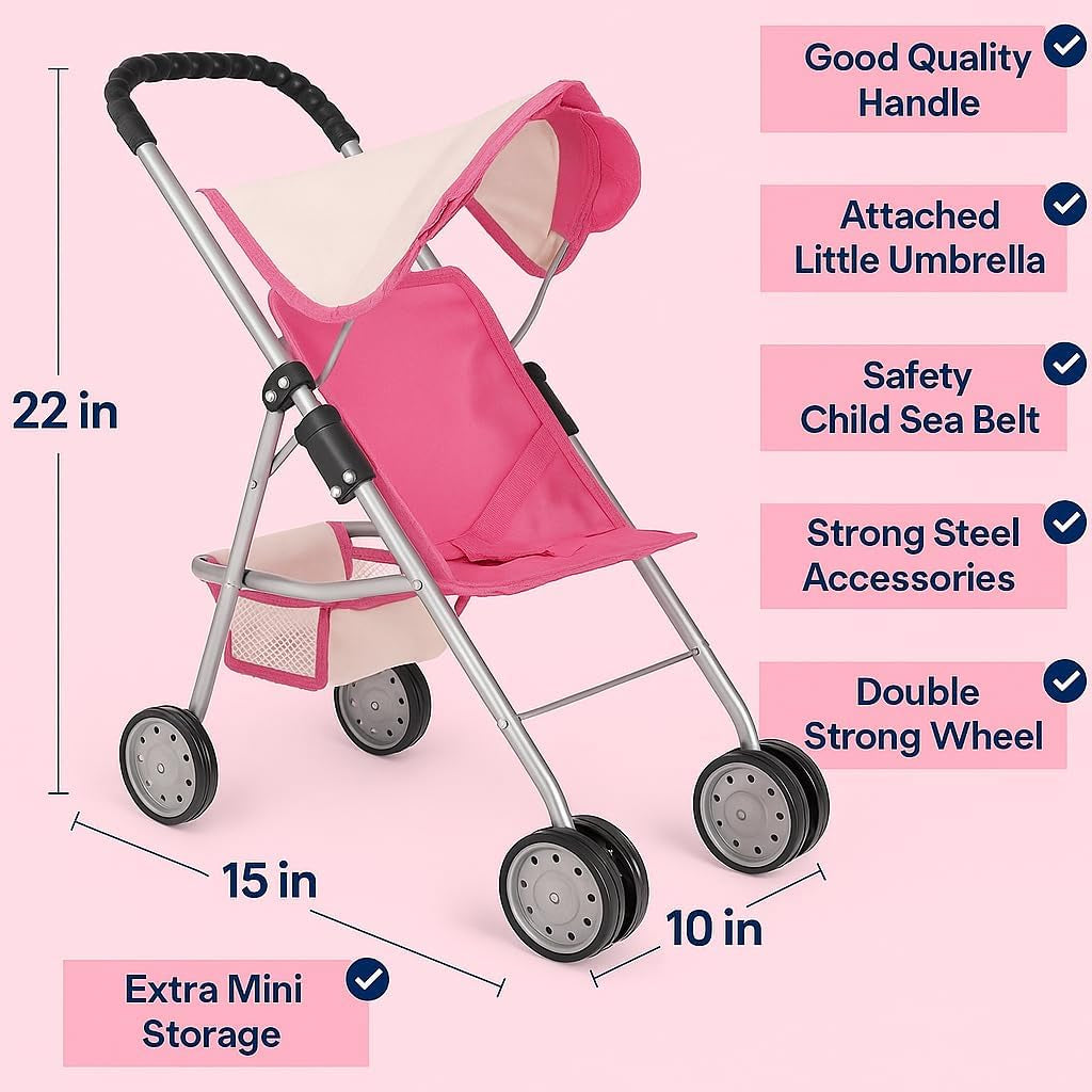 Elegant Doll Stroller with Basket - Pink and Off-White Foldable Stroller for Dolls up to 18 Inches, Featuring Two Complimentary Magic Bottles