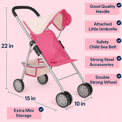 Elegant Doll Stroller with Basket - Pink and Off-White Foldable Stroller for Dolls up to 18 Inches, Featuring Two Complimentary Magic Bottles