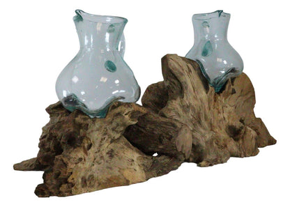 Set of 2 Balinese Natural Gamal Wood Driftwood with Molten Glass Water Jugs