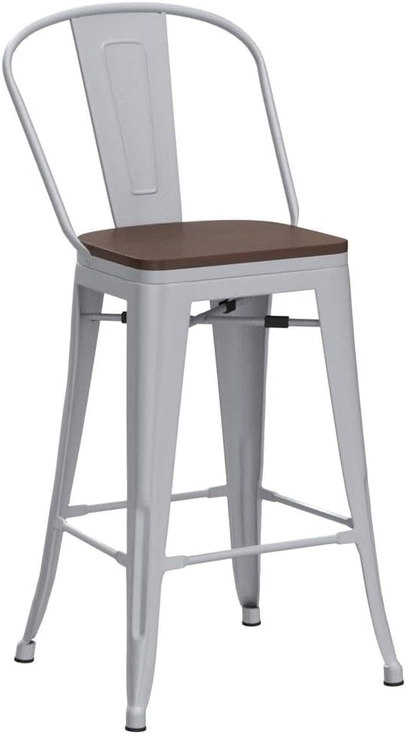 Set of 4 Metal Bar Stools, 24-Inch Counter Height with Backs, Farmhouse Design, Larger Seat, High Back Kitchen Dining Chairs, Modern Silver Bar Chairs